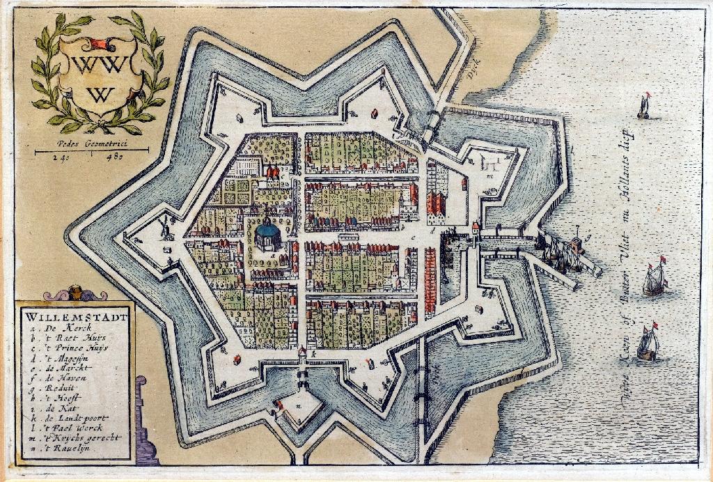 Appraisal: DUTCH ENGRAVED BIRD'S-EYE VIEW OF COASTAL FORTIFICATIONS th CENTURY Willemstadt