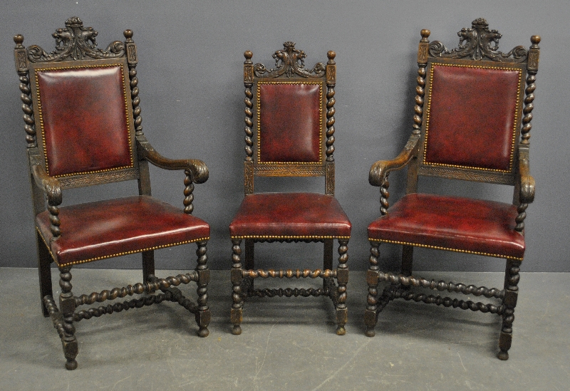 Appraisal: - Set of six Elizabethan style oak chairs with leather