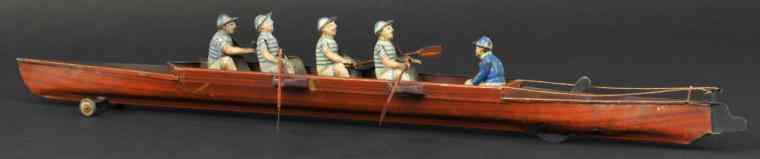 Appraisal: FOUR MAN SCULL WITH COXSWAIN Gunthermann Germany lithographed tin striped