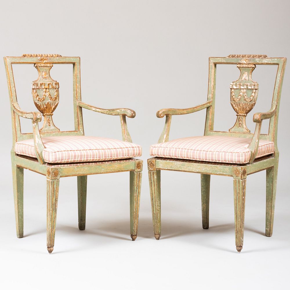 Appraisal: Pair of Italian Neoclassical Painted and Silver-Gilt Armchairs Fitted with