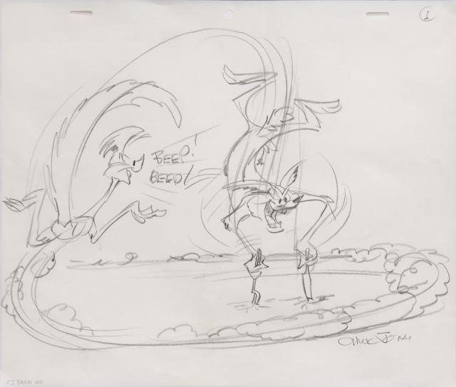 Appraisal: Framed pencil drawing on paper Road Runner and Wile E