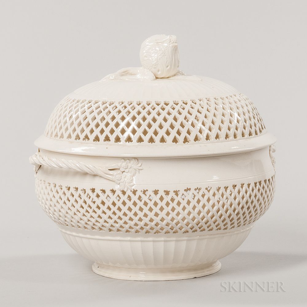 Appraisal: Reticulated Creamware Covered Fruit Bowl Reticulated Creamware Covered Fruit Bowl