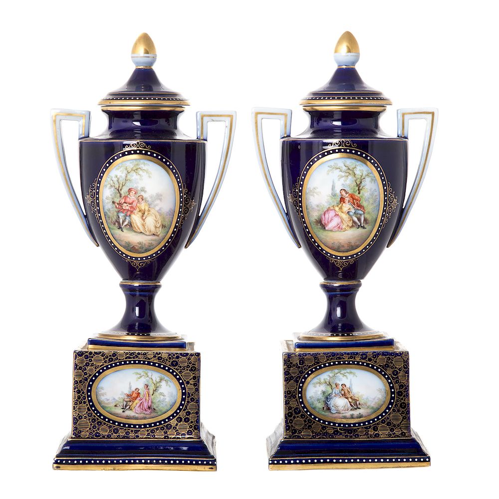 Appraisal: Pair Meissen Style Porcelain Covered Urns early th century pedestal