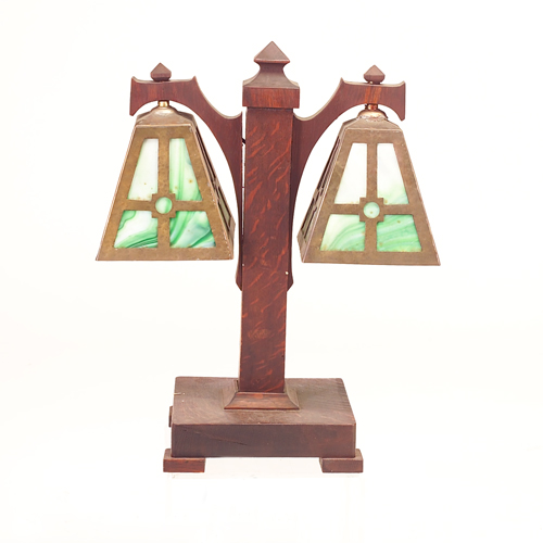 Appraisal: Arts Crafts oak two-arm table lamp each fixture with green