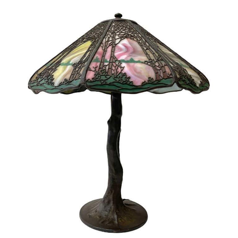 Appraisal: Signed Handel Table Lamp Beautifully crafted landscape slag glass with