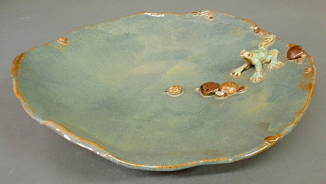 Appraisal: Green glazed pottery centerpiece dish with pebbles and frog signed