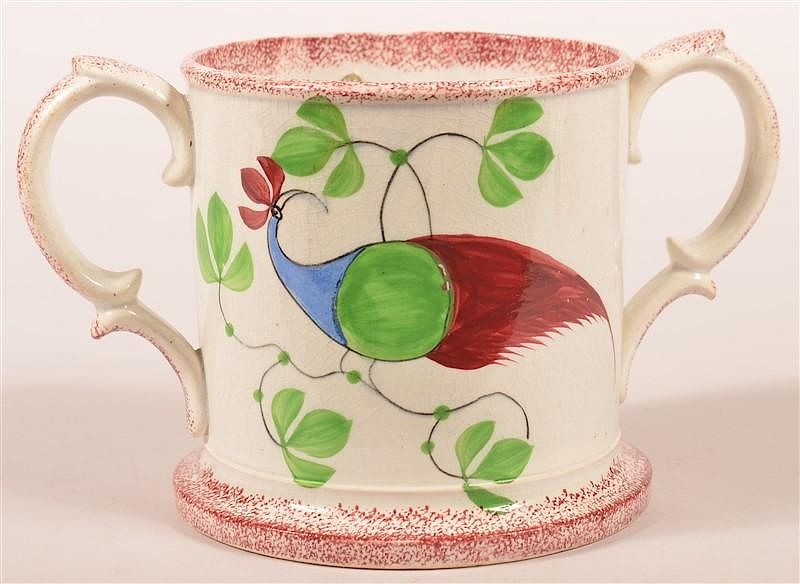 Appraisal: Extremely Rare Red Spatter Peafowl Loving Cup Extremely Rare Red