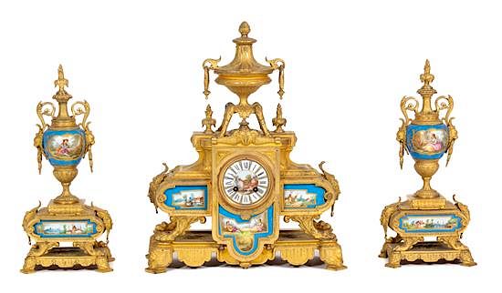 Appraisal: A Sevres Style Porcelain Mounted Gilt Bronze Three-Piece Clock Garniture