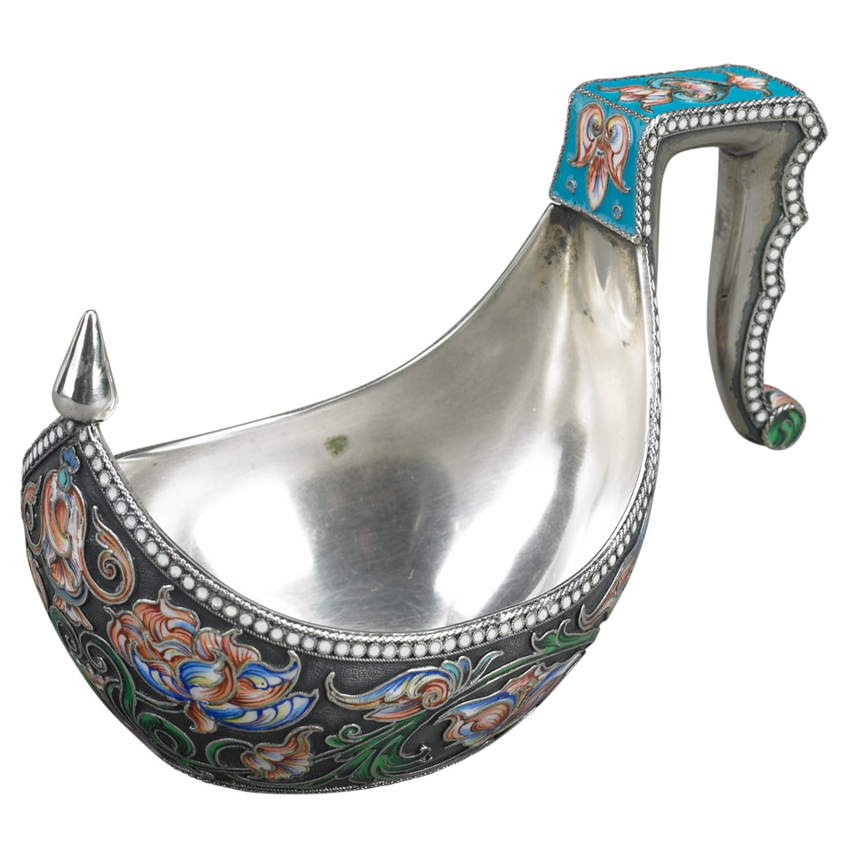 Appraisal: Russian Silver and Cloisonn Enamel Kovsh Moscow - assaymaster Ivan