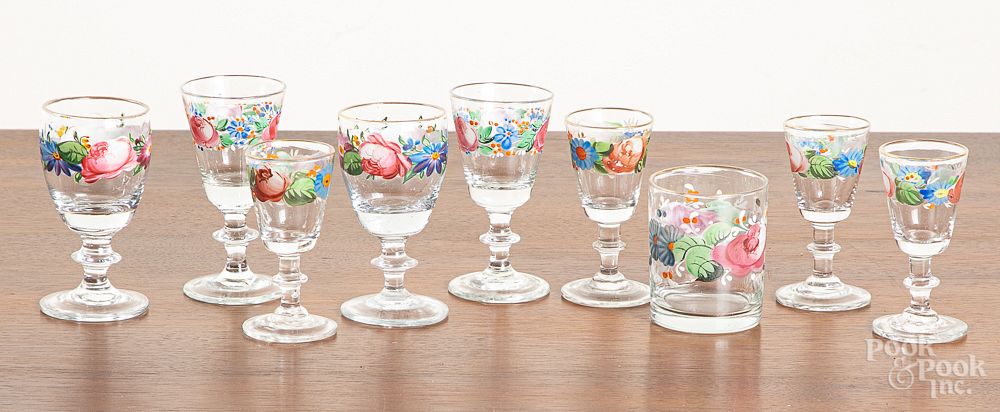 Appraisal: Nine pieces of enamel decorated glass Nine pieces of enamel