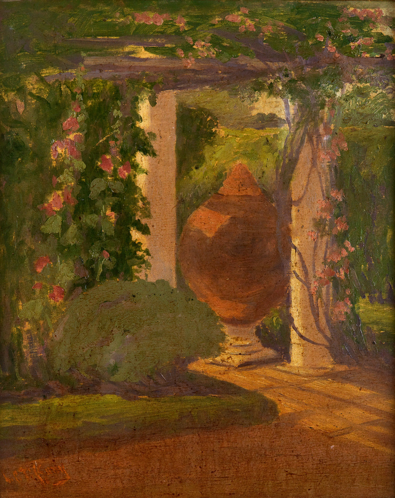 Appraisal: LOUIS COMFORT TIFFANY Garden Scene with a Trellis and a