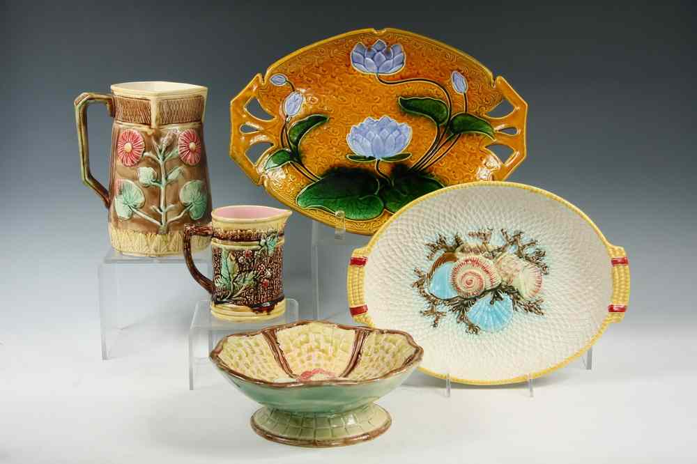 Appraisal: MAJOLICA SERVING PIECES - Including Large Pitcher with Poppy Flower