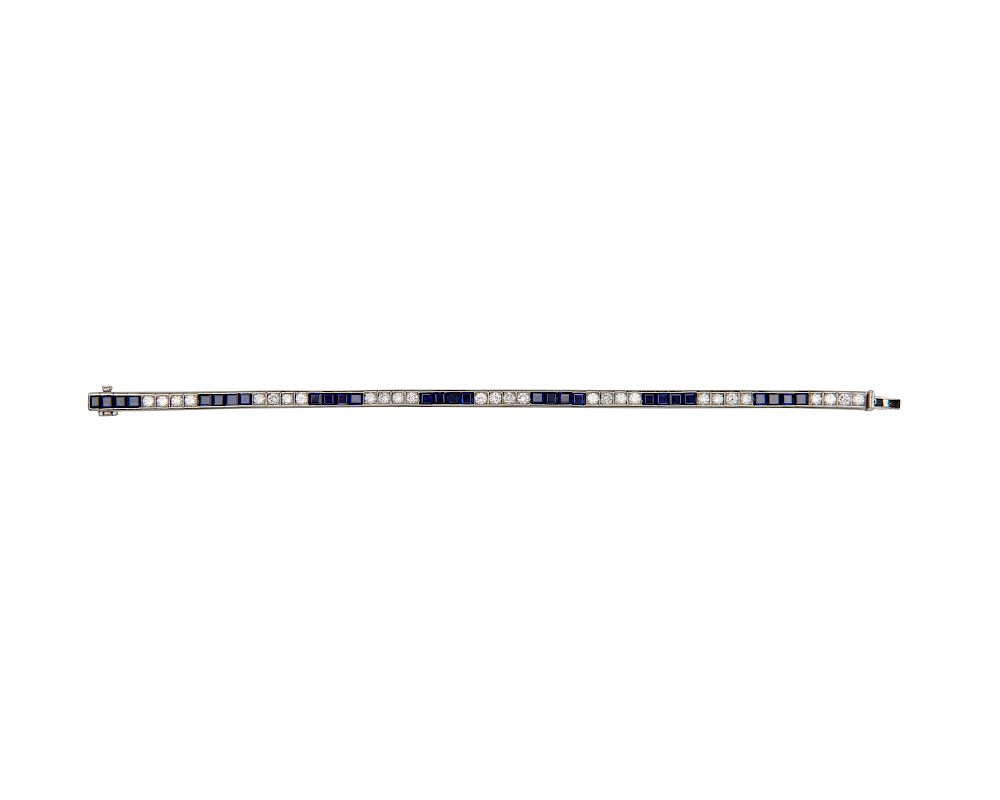 Appraisal: Platinum Diamond and Sapphire Line Bracelet Platinum Diamond and Sapphire