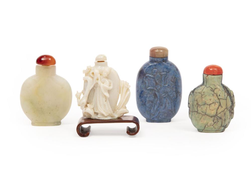 Appraisal: Four Chinese Hardstone Snuff Bottles incl jadeite lapis turquoise and