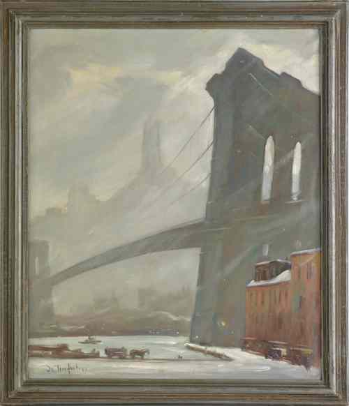 Appraisal: Bela de Tirefort American - oil on canvas winter cityscape