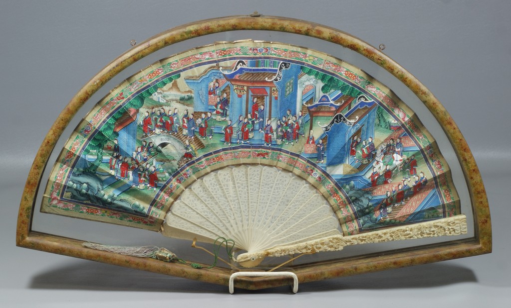 Appraisal: China Trade Cantonese Painted Fan ivory brise sticks ivory ends