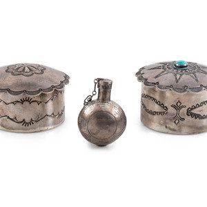 Appraisal: Pair of Navajo Silver Boxes AND Miniature Tobacco Canteen mid