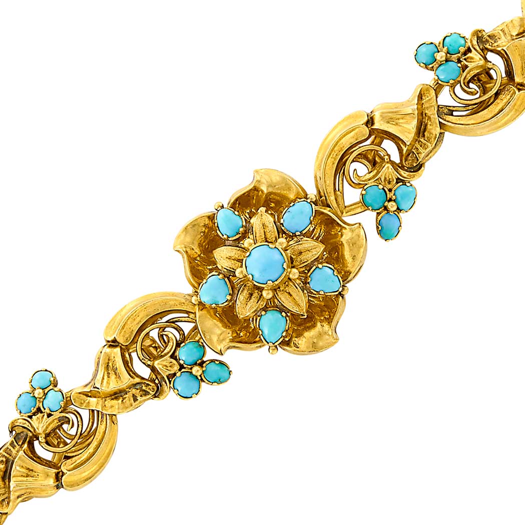 Appraisal: Antique Gold and Turquoise Bracelet Reverse with glazed compartment c