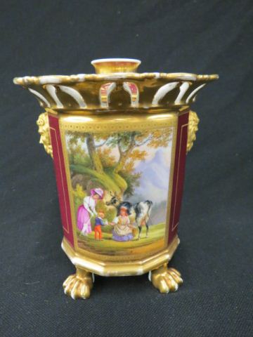 Appraisal: Early Porcelain Footed Vase flower arranger top handpainted scenes with