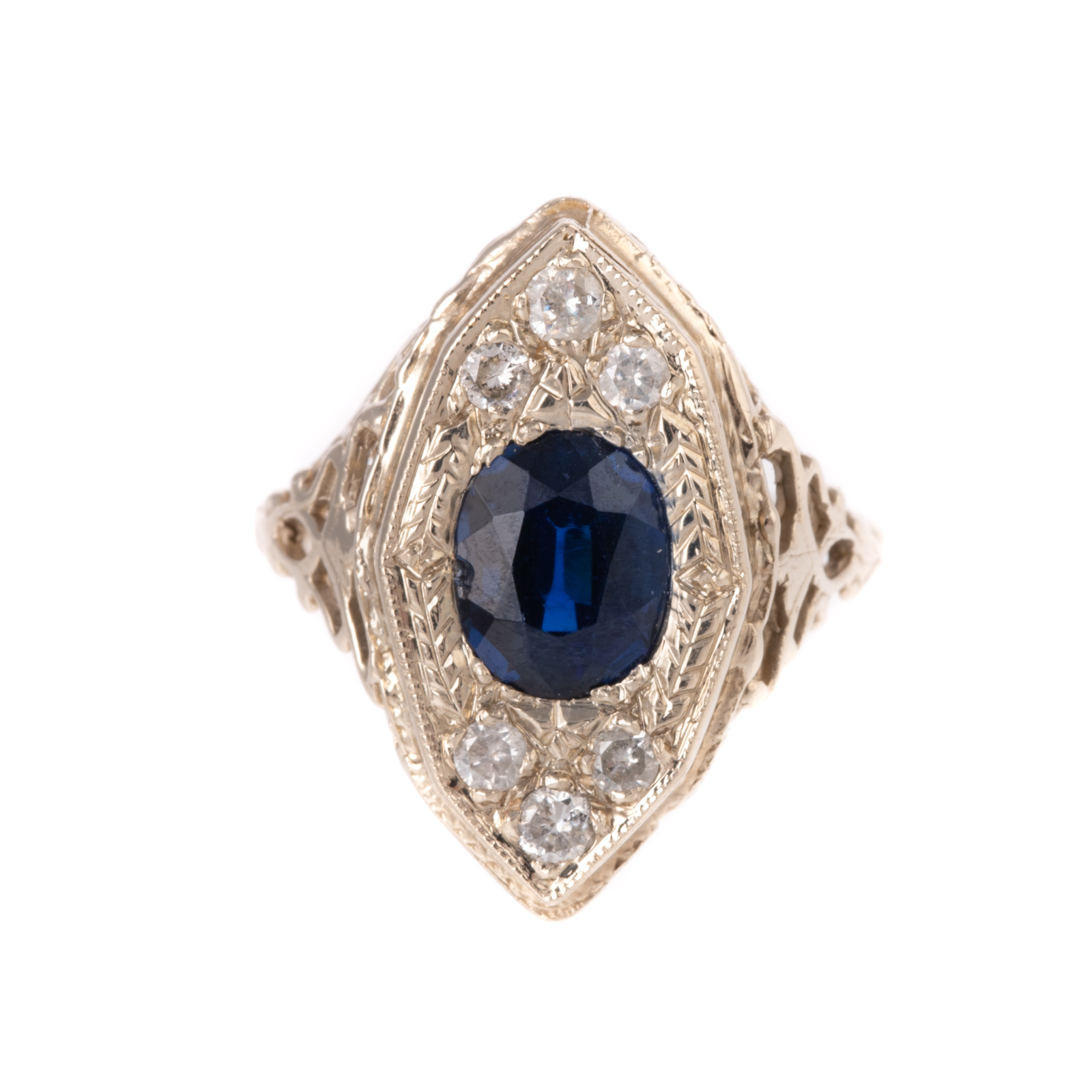 Appraisal: A GEMSTONE DIAMOND FILIGREE RING IN K K white gold