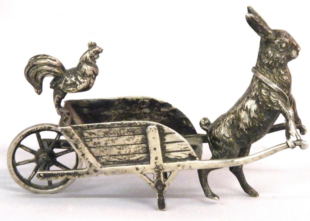 Appraisal: Novelty silver condiment modelled as a hare pulling a wheelbarrow