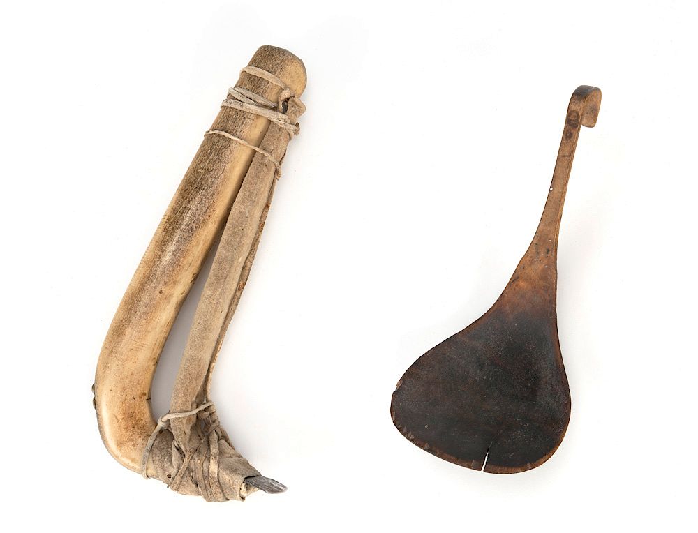 Appraisal: Plains Wooden Spoon and Hide Scraper Plains Wooden Spoon and