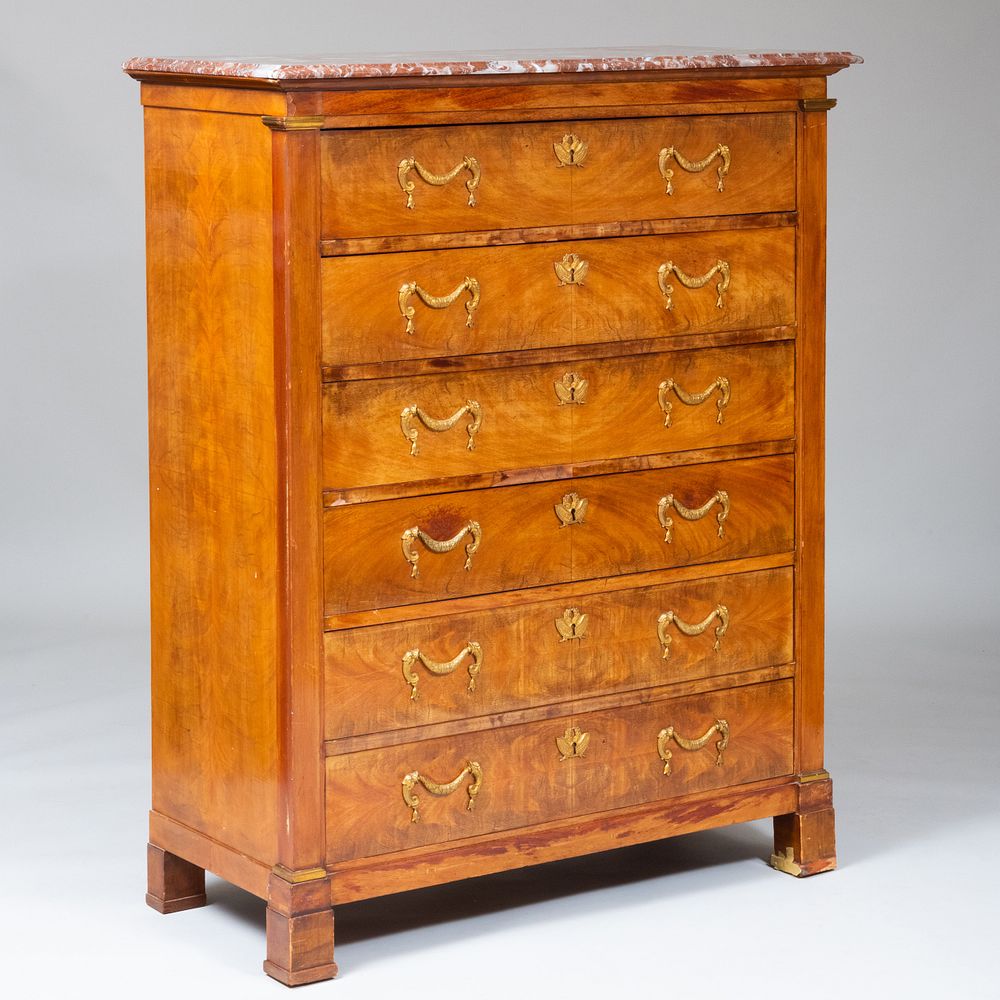 Appraisal: Continental Gilt-Metal-Mounted Walnut Tall Chest of Drawers Fitted with a