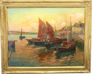 Appraisal: Gaston H Boucart France - Harbor scene with fishermen in