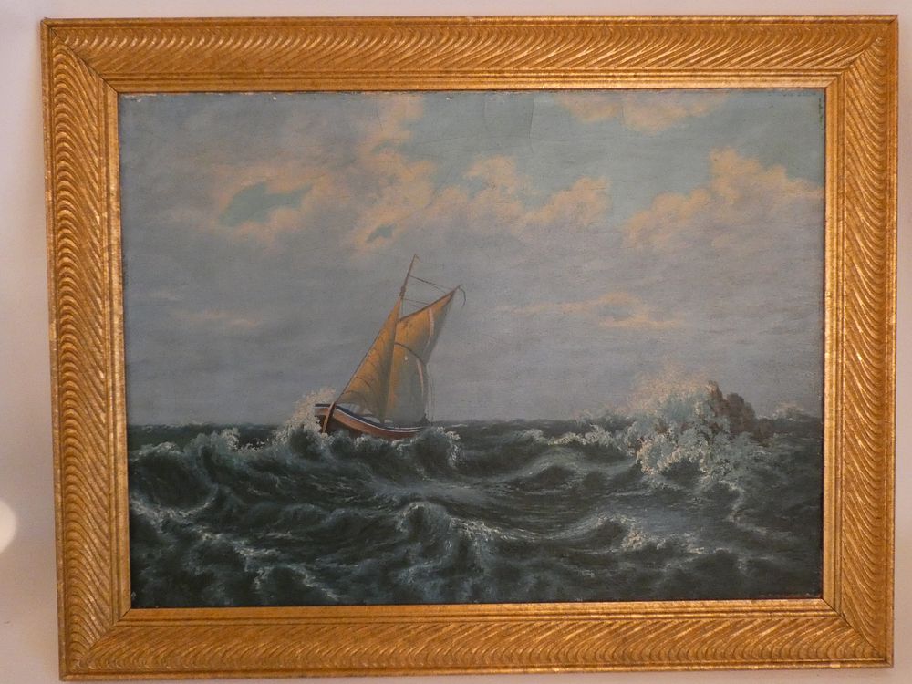 Appraisal: OLD MARINE PAINTING SIGNED Antique oil painting of sailboat in