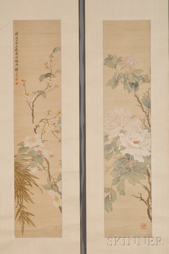 Appraisal: Four Paintings Depicting Flowers China th century including peonies for