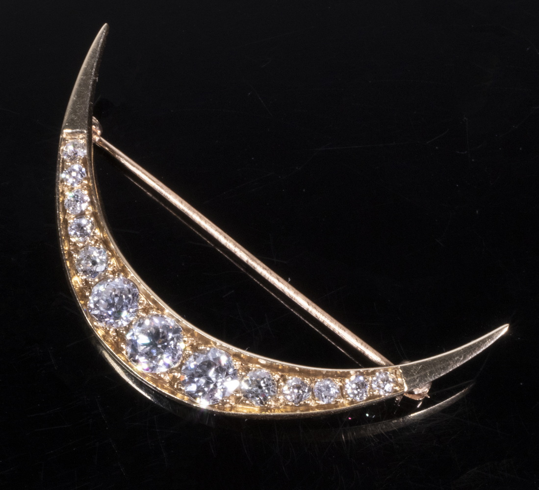 Appraisal: VINTAGE HANDMADE K GOLD AND DIAMOND BROOCH Handmade antique crescent