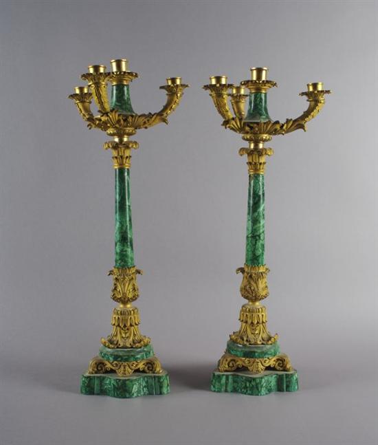 Appraisal: A Pair of Empire Style Ormolu and Malachite Four-Light Candelabra