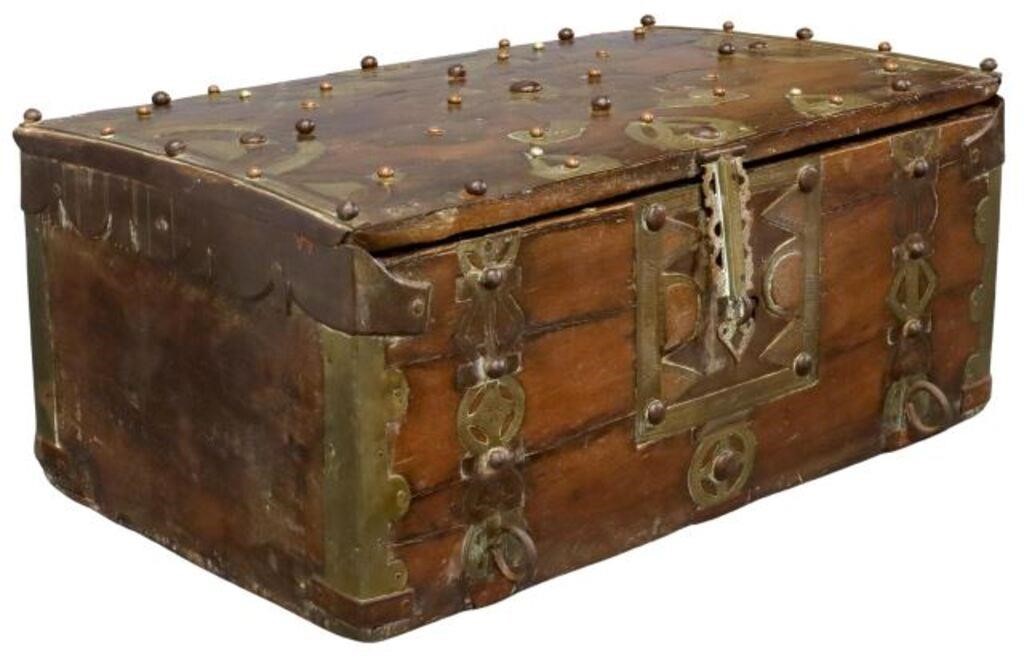 Appraisal: Antique metal-clad wood casket chest possibly from Mauritania North Africa