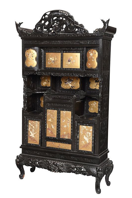 Appraisal: Japanese Ebonized Parcel Gilt Display Cabinet late th century carved