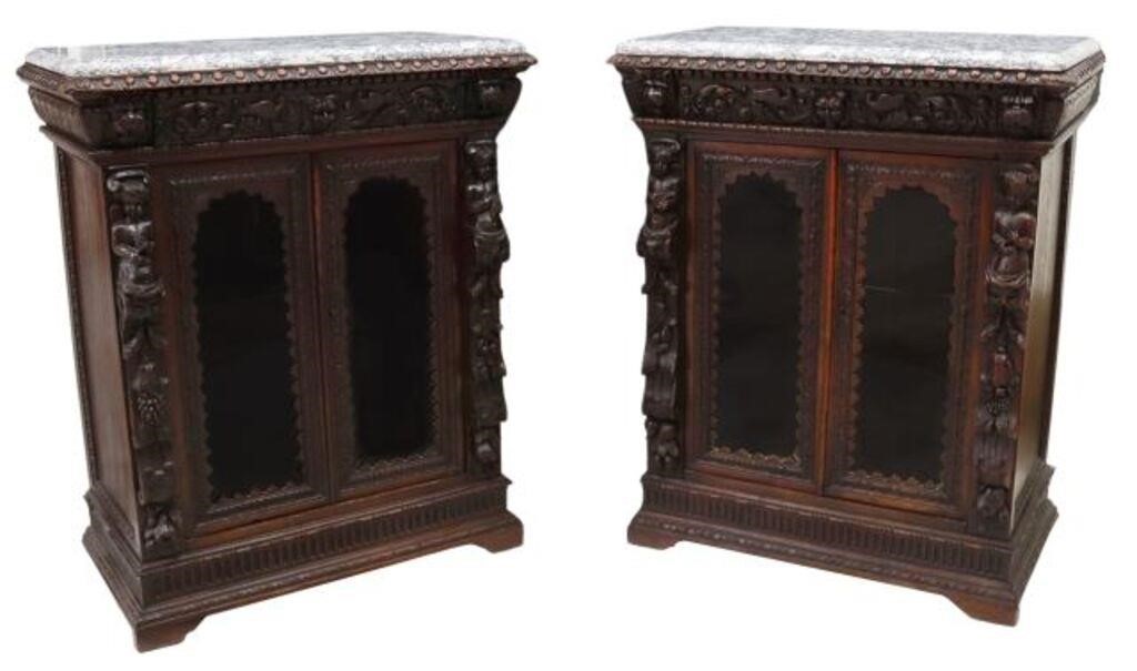 Appraisal: pair Renaissance Revival lighted oak cabinets th c stone top