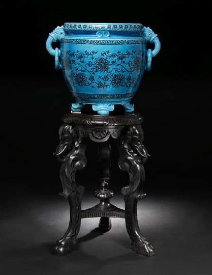 Appraisal: Monumental Minton Bleu-Persan-Glazed Pottery Ringed Elephant Masque-Handled Tree Tub fourth