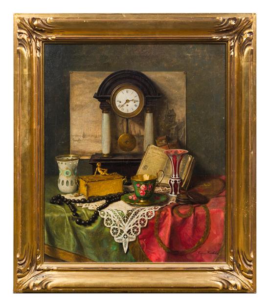 Appraisal: Sale Lot Franz Krischke Austrian - Still Life with Clock