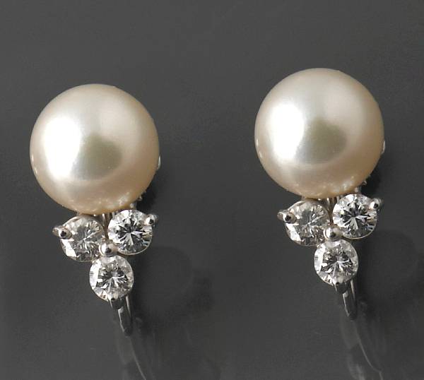 Appraisal: A pair of cultured pearl diamond and white gold screw-back