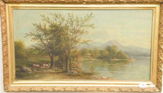 Appraisal: E Stover oil on canvas primitive lake landscape signed lower