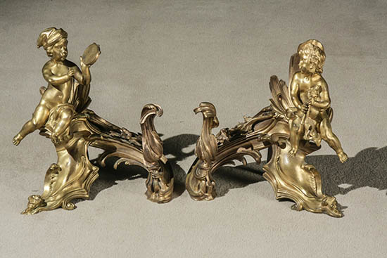 Appraisal: Pair of Louis XV Style Ormolu 'Putti Musician' Chenets Circa