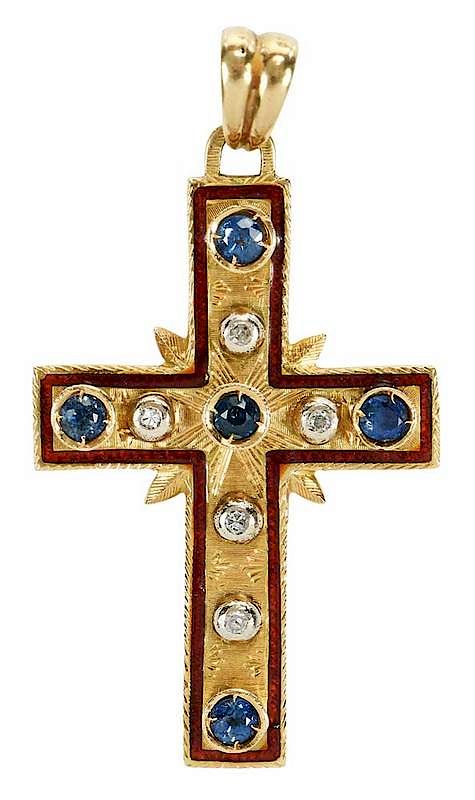 Appraisal: kt Diamond and Sapphire Cross Pendant red enamel five single