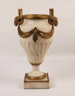 Appraisal: FRENCH DORE BRONZE AND WHITE RIBBED MARBLE URN WITH RAM'S