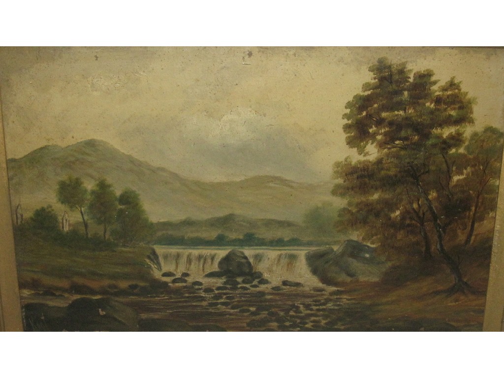 Appraisal: Oil on board landscape with a waterfall indistinctly signed lower