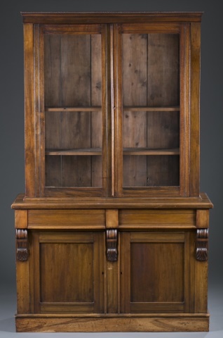 Appraisal: th c English Breakfront Bookcase Walnut Stepped pediment Glazed glass