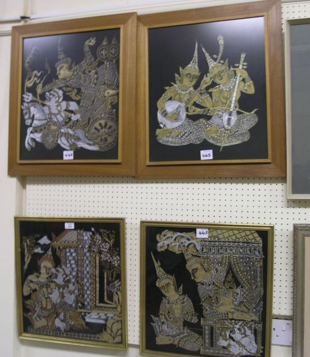 Appraisal: Two pairs of Burmese paintings each predominantly in gold and