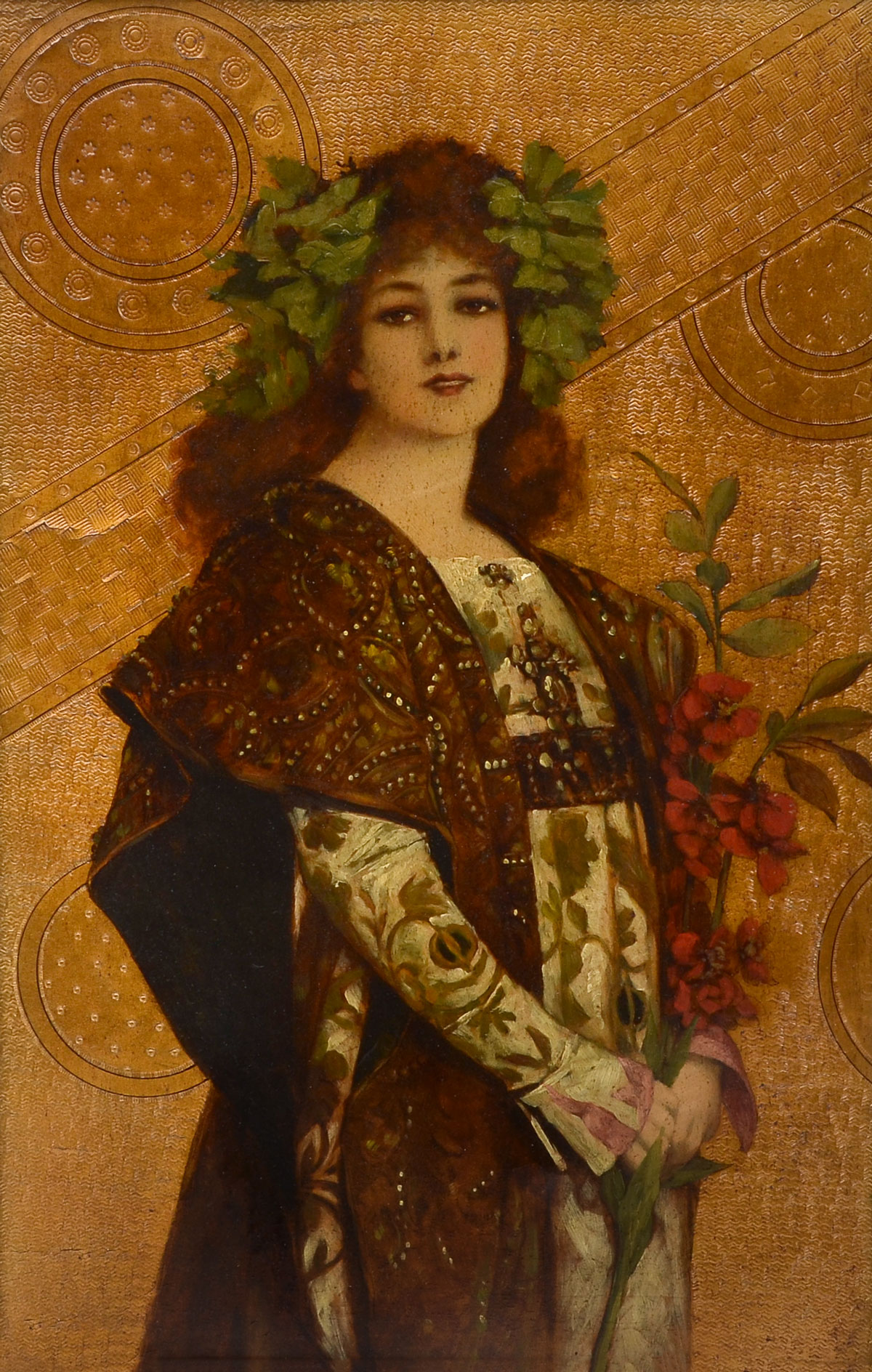 Appraisal: ART NOUVEAU PAINTING ON LEATHER OF A YOUNG MAIDEN In