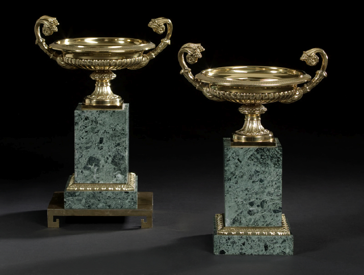 Appraisal: Pair of French Brass and Brass-Mounted Verde Antico Marble Garniture