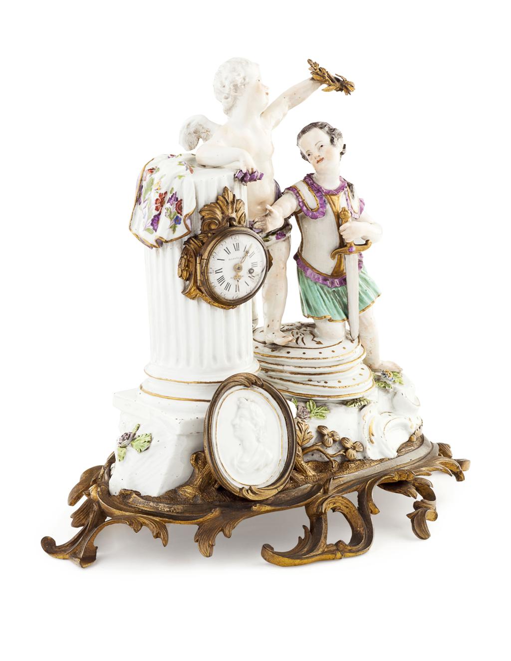 Appraisal: MEISSEN FIGURAL AND GILT BRONZE MOUNTED MANTEL CLOCK EARLY TH