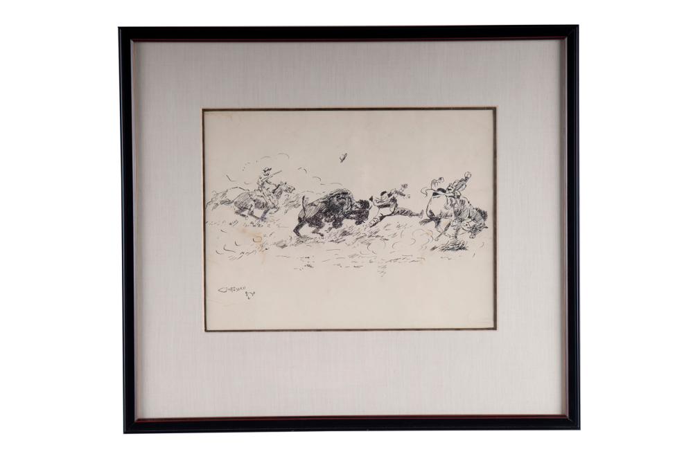 Appraisal: CHARLES MARION RUSSELL WESTERN ROUND UP ink on paper signed