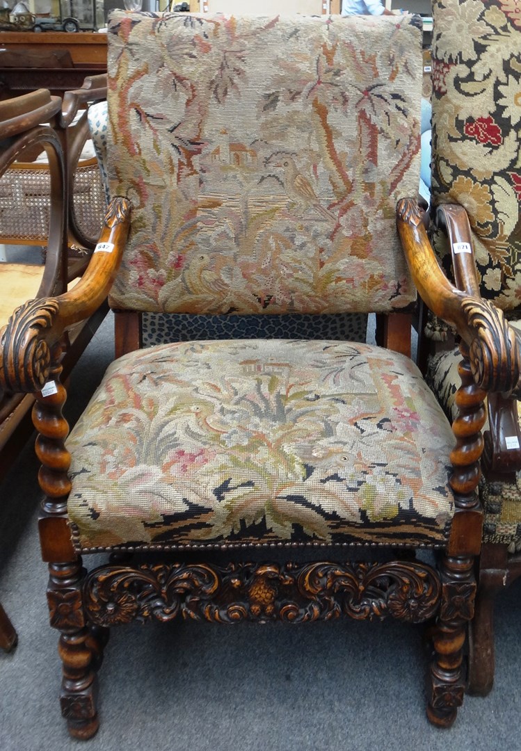 Appraisal: A th century style walnut framed square back open armchair